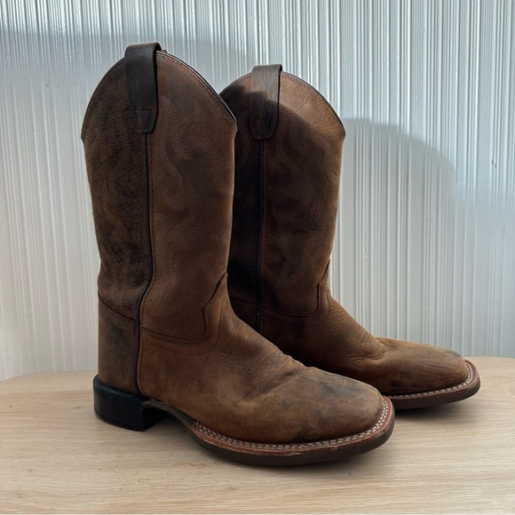 Leather Cowboy Western Boots/Square Toe/ Shaft Stitching/Square Heel - Picture 8 of 9